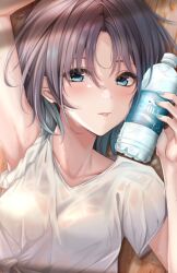 Rule 34 | 1girl, arm up, armpits, asakura toru, blue eyes, blue hair, blue nails, blush, bottle, bra, bra visible through clothes, breasts, brown hair, collarbone, from above, gradient hair, hand up, highres, holding, holding bottle, idolmaster, idolmaster shiny colors, looking at viewer, lying, medium breasts, multicolored hair, nail polish, on back, parted bangs, see-through, shirt, short hair, short sleeves, sleeves rolled up, smile, solo, sports drink, sweat, tongue, tongue out, underwear, upper body, wet, wet clothes, wet shirt, white bra, white shirt, wooden floor, yuzuyu (hyui)