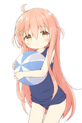 Rule 34 | 1girl, absurdres, ahoge, ayanepuna, ball, bare arms, bare shoulders, beachball, blue one-piece swimsuit, blush, brown eyes, brown hair, closed mouth, collarbone, hair ornament, hairclip, highres, ii (ayanepuna), long hair, looking at viewer, hugging object, old school swimsuit, one-piece swimsuit, original, school swimsuit, simple background, solo, standing, swimsuit, transparent, two side up, very long hair, white background