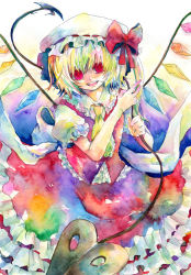Rule 34 | 1girl, bad id, bad pixiv id, blonde hair, colorful, female focus, flandre scarlet, hat, inactive account, one side up, painting (medium), ponytail, red eyes, short hair, side ponytail, solo, touhou, traditional media, watercolor (medium), wings, yaka (pixiv)
