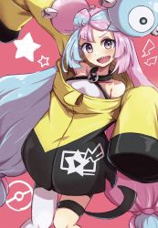 Rule 34 | 1girl, bow-shaped hair, character hair ornament, creatures (company), game freak, grey pantyhose, gym leader, hair ornament, hexagon print, highres, iono (pokemon), jacket, long hair, low-tied long hair, nintendo, oversized clothes, pantyhose, piyo to game, pokemon, pokemon sv, sharp teeth, single leg pantyhose, sleeves past fingers, sleeves past wrists, solo, teeth, very long sleeves, x, yellow jacket