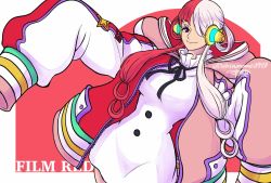 Rule 34 | 1girl, artist request, bare legs, border, breasts, curvy, dress, headphones, highres, large breasts, long hair, looking at viewer, multicolored hair, one piece, one piece film: red, simple background, smile, solo, twitter username, two-tone hair, uta (one piece), white border, wide hips