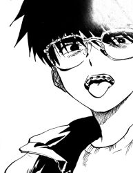 Rule 34 | 1boy, black hair, braces, close-up, collared jacket, glasses, greyscale, highres, jacket, light frown, looking at viewer, male focus, monochrome, open mouth, original, portrait, retro artstyle, shundei (enig), tongue, tongue out