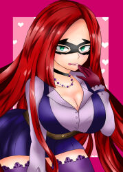 Rule 34 | 1girl, absurdres, arm at side, belt, bent over, black choker, black mask, blue eyes, boku no hero academia, breasts, choker, cleavage, collarbone, collared shirt, domino mask, female focus, frilled sleeves, frills, gloves, hand on own face, hand up, heart, heart background, highres, jewelry, large breasts, legs, lips, long hair, long sleeves, looking at viewer, looking to the side, mask, multiple belts, naughty face, neck, necklace, parted bangs, parted lips, pink background, purple shirt, purple skirt, purple thighhighs, red gloves, red hair, shii (shiii24), shirt, sidelocks, skirt, slice (boku no hero academia), standing, thick thighs, thighhighs, thighs, tongue, tongue out, very long hair