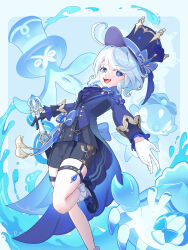 1girl :d ahoge ascot asymmetrical_gloves black_footwear black_gloves black_shorts blue_ascot blue_background blue_bow blue_eyes blue_gemstone blue_hair blue_hat blue_jacket bow chinese_commentary commentary_request drop-shaped_pupils foot_out_of_frame furina_(genshin_impact) garter_straps gem genshin_impact gentilhomme_usher gloves hat hat_bow heterochromia highres holding holding_sword holding_weapon huge_ahoge jacket ouji_fashion leg_up light_blue_hair lolita_fashion looking_at_viewer mademoiselle_crabaletta mismatched_gloves multicolored_hair open_mouth outstretched_arm outstretched_hand shorts signature smile solo_focus splendor_of_tranquil_waters_(genshin_impact) standing standing_on_one_leg streaked_hair surintendante_chevalmarin sword symbol-shaped_pupils thighs tingyu_(490101957) top_hat upper_body weapon white_gloves white_hair