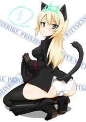 Rule 34 | 1girl, animal ears, ass, bad id, bad pixiv id, black thighhighs, blonde hair, blush, boots, cat ears, cat tail, closed mouth, dakku (ogitsune), eyebrows, green eyes, heinrike prinzessin zu sayn-wittgenstein, hirschgeweih antennas, knee boots, kneeling, long hair, long sleeves, looking at viewer, looking back, military, military uniform, panties, solo, strike witches, tail, thighhighs, underwear, uniform, white panties, world witches series