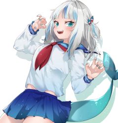 Rule 34 | 1girl, alternate breast size, alternate costume, bad id, bad twitter id, blue eyes, blue hair, blue nails, breasts, fins, fish tail, gawr gura, hololive, hololive english, medium breasts, mito nosuke, multicolored hair, nail polish, open mouth, sailor collar, scar, school uniform, serafuku, shark tail, sharp teeth, silver hair, smile, solo, streaked hair, tail, teeth, two side up, virtual youtuber, white background