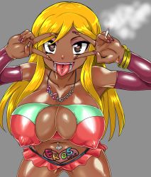 Rule 34 | 1girl, a channel, armband, belly piercing, blonde hair, body writing, breasts, brown eyes, cigarette, covered erect nipples, dark-skinned female, dark skin, double v, eyeshadow, female focus, ganguro, heart, heart-shaped pupils, huge breasts, jewelry, kitsune-tsuki (getter), large breasts, lipstick, long hair, looking at viewer, makeup, nail polish, navel, navel piercing, necklace, nipples, nishi yuuko, open mouth, piercing, purple nails, simple background, skirt, smoke, solo, standing, symbol-shaped pupils, tan, teeth, tongue, tongue out, tongue piercing, v