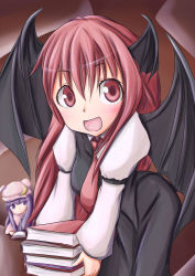 Rule 34 | 2girls, :d, book, book stack, carrying, character doll, demon wings, doll, head wings, holding, holding book, koakuma, kounotsuki yuu, long hair, multiple girls, open mouth, patchouli knowledge, purple eyes, purple hair, red eyes, red hair, smile, touhou, wings