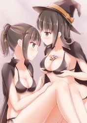 Rule 34 | between breasts, black bra, bra, breast hold, breasts, cape, hat, highres, kamakama (kdmorh kamakama), long hair, looking at another, original, ponytail, short hair, underwear, witch hat, yuri