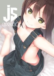 Rule 34 | 1girl, absurdres, artist name, barefoot, blurry, brown hair, capriccio, closed mouth, commentary, depth of field, english commentary, flat chest, from side, green eyes, hair between eyes, highres, long hair, looking at viewer, naked overalls, original, overalls, smile, solo, watermark