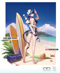 Rule 34 | 1girl, absurdres, adjusting clothes, adjusting headwear, arknights, ass, ball, bare arms, bare legs, bare shoulders, barefoot, baseball cap, beachball, blue hair, blue sky, breasts, ch&#039;en (arknights), ch'en (arknights), character name, chinese commentary, commentary request, crab, day, dragon horns, dragon tail, eyulam, female tourist c (arknights), full body, grey shorts, hand up, hat, highres, horns, horns through headwear, long hair, medium breasts, official alternate costume, shadow, short shorts, shorts, sky, solo, standing, starfish, surfboard, tail, thighs, white hat