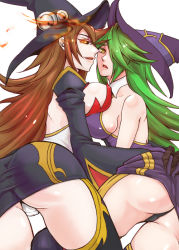 Rule 34 | 2girls, alternate color, alternate hair color, arc system works, artist request, ass, ass grab, bare shoulders, black panties, black sclera, blazblue, breast press, breasts, brown hair, colored sclera, deep skin, detached sleeves, dual persona, evil smile, green hair, hair over one eye, hat, konoe a. mercury, large breasts, long hair, multiple girls, orange eyes, panties, pantyshot, phantom (blazblue), shiny skin, skirt, smile, thighhighs, thong, underwear, white panties, witch hat, yellow eyes, yuri