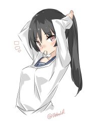 Rule 34 | 10s, 1girl, ^^^, adjusting hair, apron, arms behind head, arms up, bad id, bad twitter id, black hair, blush, breasts, brown eyes, closed mouth, collarbone, ebifurya, eyebrows, highres, inactive account, isokaze (kancolle), kantai collection, kappougi, long hair, long sleeves, looking at viewer, medium breasts, mouth hold, ponytail, simple background, solo, twitter username, tying hair, upper body, white background