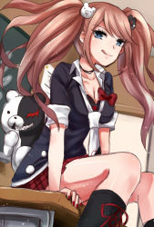 Rule 34 | 1girl, :q, bear hair ornament, black bra, black choker, black footwear, blue eyes, boots, bow, bra, breasts, brown hair, choker, cleavage, collarbone, commentary request, danganronpa: trigger happy havoc, danganronpa (series), desk, enoshima junko, feet out of frame, from below, gradient hair, hair ornament, indoors, knee boots, long hair, looking at viewer, medium breasts, monokuma, multicolored hair, nail polish, necktie, nico (nico alice), pink hair, plaid, plaid skirt, red bow, red nails, red skirt, school desk, school uniform, shirt, sitting, sketch, skirt, sleeves rolled up, smile, tongue, tongue out, twintails, underwear