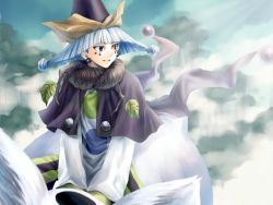 Rule 34 | 1boy, above clouds, black capelet, black eyes, capelet, cloud, earrings, facial mark, hat, houshin engi, jewelry, leaf, looking to the side, male focus, mountain, riding, scarf, shinkouhyou, sky, smile, solo, suji, white hair