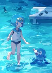 Rule 34 | 1girl, artist name, bare shoulders, barefoot, blue eyes, blue footwear, blue hair, blue pants, blue one-piece swimsuit, blue theme, clenched hand, creatures (company), eye contact, female focus, fish, flat chest, unworn footwear, game freak, gen 7 pokemon, hairband, hand up, happy, lana (pokemon), looking at another, looking up, matching hair/eyes, mei (maysroom), nintendo, one-piece swimsuit, open mouth, outdoors, pants, unworn pants, partially submerged, pokemon, pokemon (anime), pokemon (creature), pokemon sm (anime), popplio, revision, sandals, shirt, short hair, signature, sleeveless, sleeveless shirt, smile, standing, standing on one leg, swimsuit, swimsuit under clothes, trial captain, wading, water, white shirt, yellow hairband