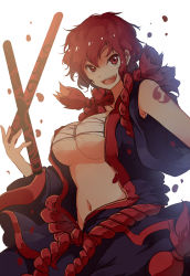 Rule 34 | 1girl, alternate costume, breasts, budget sarashi, drumsticks, fang, horikawa raiko, japanese clothes, large breasts, messy hair, navel, open clothes, open mouth, open shirt, red eyes, red hair, rope, sarashi, shirt, short hair, simple background, smile, solo, tattoo, touhou, underboob, white background, yetworldview kaze