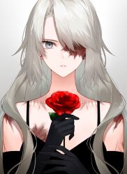 Rule 34 | 1girl, bare shoulders, black gloves, burn scar, earrings, elbow gloves, eyelashes, flower, glint, gloves, grey background, grey eyes, grey hair, hands up, highres, holding, holding flower, jewelry, long hair, looking at viewer, multiple scars, one eye closed, original, parted lips, portrait, red flower, red rose, rose, scar, scar on chest, scar on face, simple background, sleeveless, solo, stud earrings, swept bangs, waka (shark waka)