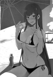 Rule 34 | 1girl, absurdres, ane naru mono, bare arms, bare shoulders, beach, beach chair, beach umbrella, bikini, blush, breasts, chair, chiyo (ane naru mono), cloud, collarbone, fingernails, greyscale, highres, large breasts, long hair, looking at viewer, lotion, lotion bottle, monochrome, navel, open mouth, prime, scan, side-tie bikini bottom, sidelocks, sitting, smile, solo, sunscreen, swimsuit, umbrella