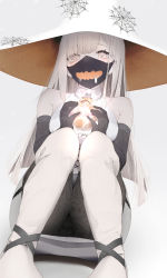 Rule 34 | 1girl, absurdres, bare shoulders, black gloves, blush, elbow gloves, gloves, grey eyes, grey hair, halloween, hat, highres, kisaragi yaya, long hair, looking at viewer, mask, mouth mask, original, sleeveless, straight hair, witch, witch hat