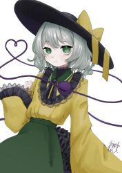 Rule 34 | 1girl, black hat, bow, closed mouth, commentary, green eyes, green skirt, grey hair, hat, hat bow, heart, heart of string, highres, koishi day, komeiji koishi, looking at viewer, shirt, short hair, signature, simple background, skirt, solo, third eye, touhou, white background, yellow bow, yellow shirt, yomogi 0001