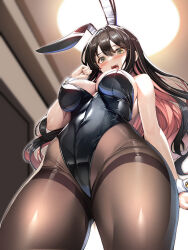 Rule 34 | 1girl, absurdres, alternate costume, animal ears, bare shoulders, black hair, black leotard, black pantyhose, blurry, blurry background, breasts, ceiling, colored inner hair, detached collar, fake animal ears, from below, groin, highres, kantai collection, large breasts, leotard, long hair, multicolored hair, naganami (kancolle), open mouth, pantyhose, pink hair, playboy bunny, rabbit ears, solo, strapless, strapless leotard, torisan, wrist cuffs, yellow eyes