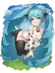 Rule 34 | 1girl, absurdres, animal ears, animal print, aqua eyes, aqua hair, bare shoulders, black thighhighs, bottle, commentary, cow ears, cow girl, cow horns, cow print, detached sleeves, grass, hair ornament, hatsune miku, high heels, highres, horns, legs up, leotard, lips, long hair, milk bottle, neck bell, reirou (chokoonnpu), see-through, see-through sleeves, shiny clothes, shiny legwear, sky, smile, solo, spilling, thighhighs, tongue, tongue out, twintails, very long hair, vocaloid, white leotard