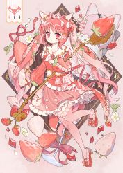 Rule 34 | 1girl, animal ears, antenna hair, cat ears, commentary, dress, flower, food, fruit, highres, holding, holding spoon, looking at viewer, original, pink background, pink dress, pink hair, pink thighhighs, red eyes, red footwear, spoon, strawberry, stuffed animal, stuffed toy, symbol-only commentary, thighhighs, tsukumi bis, twintails, twitter username