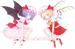 Rule 34 | 2girls, ascot, back bow, bat wings, blonde hair, blue hair, blue nails, bow, character name, closed mouth, collared shirt, commentary request, crystal, flandre scarlet, frilled shirt collar, frilled skirt, frilled sleeves, frills, from side, full body, hair between eyes, hat, hat ribbon, highres, large bow, light smile, looking at viewer, looking to the side, medium hair, mob cap, multicolored wings, multiple girls, nail polish, no socks, one side up, open mouth, perri (mnemosine), pink headwear, pink shirt, pink skirt, puffy short sleeves, puffy sleeves, red ascot, red bow, red eyes, red footwear, red ribbon, red skirt, red vest, remilia scarlet, ribbon, ribbon-trimmed headwear, ribbon trim, shirt, short hair, short sleeves, siblings, simple background, sisters, skirt, skirt set, sleeve bow, sleeve ribbon, teeth, touhou, upper teeth only, vest, white background, white bow, white footwear, white headwear, white shirt, wings