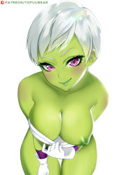Rule 34 | 1girl, armor, bare shoulders, blush, breasts, cheelai, cleavage, collarbone, colored nipples, colored skin, dragon ball, dragon ball super, dragon ball super broly, female focus, gloves, green nipples, green skin, large breasts, leaning forward, lips, looking at viewer, nipples, one breast out, patreon username, pulling own clothes, purple eyes, short hair, silver hair, simple background, smile, solo, thigh gap, tofuubear, white background, white gloves