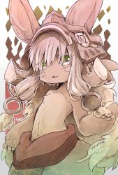 Rule 34 | 1other, absurdres, animal ears, animal hands, artist name, baggy pants, brown fur, commentary request, cowboy shot, furry, green eyes, green pants, helmet, highres, looking at viewer, made in abyss, mumu yu mu, muted color, nanachi (made in abyss), other focus, pants, parted lips, short hair with long locks, solo, whiskers