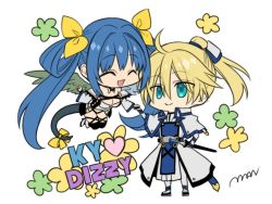 Rule 34 | 1boy, 1girl, asymmetrical wings, belt, blonde hair, blue eyes, blue hair, breasts, chibi, choker, closed eyes, clover, collarbone, couple, detached sleeves, dizzy (guilty gear), english text, guilty gear, guilty gear xrd, hair ribbon, hair rings, heart, holding hands, husband and wife, ky kiske, long hair, maka (morphine), parted lips, ponytail, ribbon, smile, sword, tail, tail ornament, tail ribbon, twintails, weapon, wings, yellow ribbon