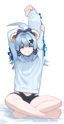 1girl aegis-link ahoge animal_ears arm_behind_head arms_up artist_name bare_legs barefoot bear_ears blue_hair blue_sweater bow clenched_hand commentary crossed_legs english_commentary feet frown full_body hair_bow hair_ornament hairclip highres huge_ahoge long_hair long_sleeves no_pants ribbed_sweater simple_background sitting solo stretching sweater toenails toes triggerphish virtual_youtuber yoako