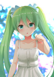 Rule 34 | 1girl, aibumi, aqua eyes, aqua hair, arm at side, arm up, bad id, bad pixiv id, blurry, blurry background, blush, collarbone, dress, eyebrows, hair between eyes, hair ornament, hatsune miku, highres, holding, holding own hair, long hair, pen-zin, solo, sundress, twintails, upper body, very long hair, vocaloid, white dress
