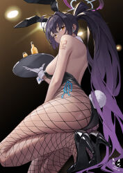 Rule 34 | 1girl, animal ears, ass, bare arms, bare back, bare shoulders, black footwear, black leotard, blue archive, bottle, breasts, commentary request, dark-skinned female, dark skin, fake animal ears, fake tail, fishnet pantyhose, fishnets, gloves, high heels, highleg, highleg leotard, highres, holding, holding tray, huge ass, karin (blue archive), karin (bunny) (blue archive), large breasts, leotard, long hair, pantyhose, playboy bunny, ponytail, rabbit ears, rabbit tail, shadow cat (yingmiao), shiny clothes, shiny skin, solo, tail, thighs, tray, very long hair, white gloves, wide hips, wrist cuffs