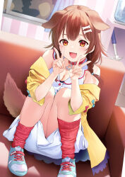 Rule 34 | 1girl, absurdres, animal collar, animal ears, blush, bone hair ornament, braid, breasts, brown eyes, brown hair, cleavage, collar, convenient skirt, couch, curtains, dog ears, dog girl, dog tail, double v, fang, hair ornament, hammer, highres, hololive, hugging own legs, indoors, inugami korone, inugami korone (1st costume), jacket, looking at viewer, medium breasts, off shoulder, open mouth, red collar, red socks, shoes, sitting, socks, solo, tail, twin braids, umakuchi shouyu, v, virtual youtuber, window, yellow jacket