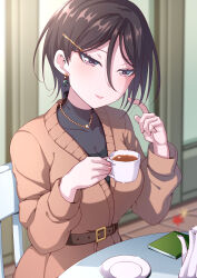 Rule 34 | 1girl, asymmetrical hair, bang dream!, belt, belt buckle, black hair, black shirt, blush, book, breasts, brown jacket, buckle, cup, earrings, hair between eyes, hair ornament, hairclip, hand up, highres, holding, holding cup, jacket, jewelry, kitayu, large breasts, leaf, lipstick, long sleeves, looking at viewer, makeup, morfonica, necklace, on chair, plate, purple eyes, shirt, short hair, sitting, smile, solo, table, teeth, upper body, yashio rui