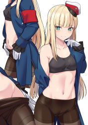 Rule 34 | 1girl, armband, blonde hair, blue eyes, blush, breasts, fate/grand order, fate (series), gloves, long hair, looking at viewer, lord el-melloi ii case files, multiple views, navel, pantyhose, red armband, reines el-melloi archisorte, shiseki hirame, small breasts, thighs, white gloves