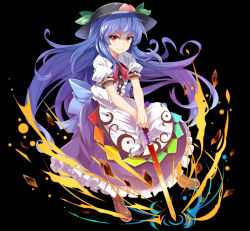 Rule 34 | 1girl, :&gt;, black background, blue hair, boots, cross-laced footwear, dress, e.o., fire, food, fruit, hair blowing, hat, hinanawi tenshi, layered dress, leaf, long hair, looking at viewer, own hands together, peach, puffy short sleeves, puffy sleeves, red eyes, short sleeves, simple background, smile, smug, solo, sword of hisou, touhou, v-shaped eyebrows, v arms, very long hair
