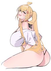 Rule 34 | 1girl, ahoge, ass, bare shoulders, belt collar, black panties, blonde hair, blush, borrowed character, breasts, brown eyes, collar, cropped shirt, hair ornament, haruichi (komikal), heart, heart hair ornament, highleg, highleg panties, highres, huge breasts, long hair, looking at viewer, off-shoulder shirt, off shoulder, open mouth, original, panties, saaya (kirome), shirt, short sleeves, sitting, smile, solo, thick thighs, thighs, thong, twintails, underwear, virtual youtuber, white background, white shirt