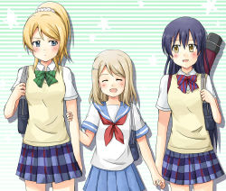 Rule 34 | 10s, 3girls, :d, ^ ^, ayase alisa, ayase eli, bad id, bad pixiv id, blonde hair, blue eyes, blue hair, blush, closed eyes, closed eyes, girl sandwich, holding hands, highres, holding another&#039;s arm, long hair, love live!, love live! school idol project, multiple girls, open mouth, sandwiched, school uniform, scrunchie, serafuku, siblings, sisters, skirt, smile, sonoda umi, sweater vest, weapon bag, youyan