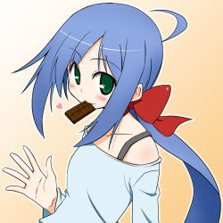Rule 34 | 1girl, ahoge, bad id, bad pixiv id, blue hair, candy, chocolate, chocolate bar, food, green eyes, long hair, mouth hold, original, ponytail, solo, souto