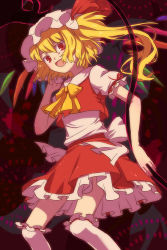 Rule 34 | 1girl, blonde hair, collar, crystal, demon wings, female focus, flandre scarlet, frills, looking at viewer, mimana, puffy short sleeves, puffy sleeves, red eyes, red skirt, shirt, short sleeves, side ponytail, skirt, solo, thighhighs, touhou, vest, white shirt, white thighhighs, wings