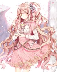 Rule 34 | 1girl, belt, blonde hair, cowboy shot, cup, disposable coffee cup, disposable cup, dress, feathered wings, hair ornament, holding, holding cup, long hair, neck ribbon, one side up, original, pink dress, pink ribbon, ribbon, smile, solo, standing, uuhui, very long hair, white wings, wings, yellow eyes