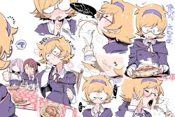 Rule 34 | 10s, 3girls, :d, ?, blonde hair, blood, blue eyes, blue hairband, blue ribbon, blush stickers, brown hair, chair, chris (mario), cloak, collared shirt, eating, closed eyes, food, fork, glasses, hair over one eye, hairband, hand on own cheek, hand on own face, kagari atsuko, lips, little witch academia, long hair, long sleeves, lotte jansson, multiple girls, napkin, neck ribbon, nosebleed, onigiri, open mouth, pale skin, pasta, pink hair, plate, ponytail, red eyes, ribbon, saliva, semi-rimless eyewear, sexually suggestive, shirt, short hair, simple background, sitting, smile, spaghetti, spoken question mark, sucy manbavaran, tablecloth, thumbs up, tongue, tongue out, white background, white shirt, yuri