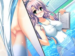 Rule 34 | akaza, censored, henshin 3, living clothes, long hair, notebook, one-piece swimsuit, pen, penis, pool, purple hair, school swimsuit, sex, swimsuit, water, white one-piece swimsuit, white school swimsuit