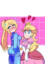 Rule 34 | 2girls, absurdres, artist name, ass, back, bbycheese, blonde hair, blue eyes, blush, bodysuit, breasts, brooch, closed mouth, crown, dress, earrings, elbow gloves, embarrassed, feet out of frame, from behind, gloves, heart, highres, jewelry, lips, lipstick, long dress, long hair, looking at another, looking back, makeup, mario (series), metroid, multiple girls, nintendo, nose blush, own hands clasped, own hands together, pink dress, ponytail, princess peach, puffy short sleeves, puffy sleeves, samus aran, short sleeves, shy, sidelocks, signature, simple background, skin tight, smile, sphere earrings, sweat, sweatdrop, white background, white gloves, zero suit