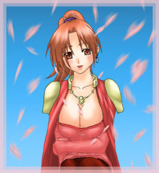 Rule 34 | 1girl, arc the lad, arc the lad iii, arm across waist, blue background, blush, border, breasts, brown eyes, brown hair, cleavage, collarbone, dress, gradient background, heart, jewelry, large breasts, legs together, long sleeves, looking at viewer, marsia (arc the lad), matching hair/eyes, necklace, pendant, petals, ponytail, red dress, red eyes, short hair, simple background, sitting, smile, solo