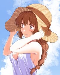 Rule 34 | 1girl, bazz000033, blue eyes, blue sky, blush, braid, braided ponytail, breasts, brown hair, brown hat, cleavage, cloud, commentary request, day, dress, hat, highres, long hair, looking to the side, medium breasts, original, outdoors, sky, sleeveless, sleeveless dress, straw hat, white dress