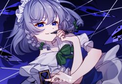 Rule 34 | 1girl, ace (playing card), ace of spades, apron, blue background, blue dress, blue eyes, bow, braid, card, collared dress, crossed arms, dress, floating card, green bow, grey hair, holding, holding card, izayoi sakuya, looking at viewer, maid, maid apron, maid headdress, medium hair, open mouth, playing card, puffy short sleeves, puffy sleeves, ribbon, short sleeves, smile, solo, spade (shape), teeth, tojorin, touhou, touhou lost branch of legend, twin braids, white apron